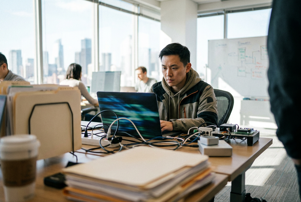 Product, engineering, and legal leaders reviewing an AI product checklist with compliance icons and US regulatory documents on a desk.